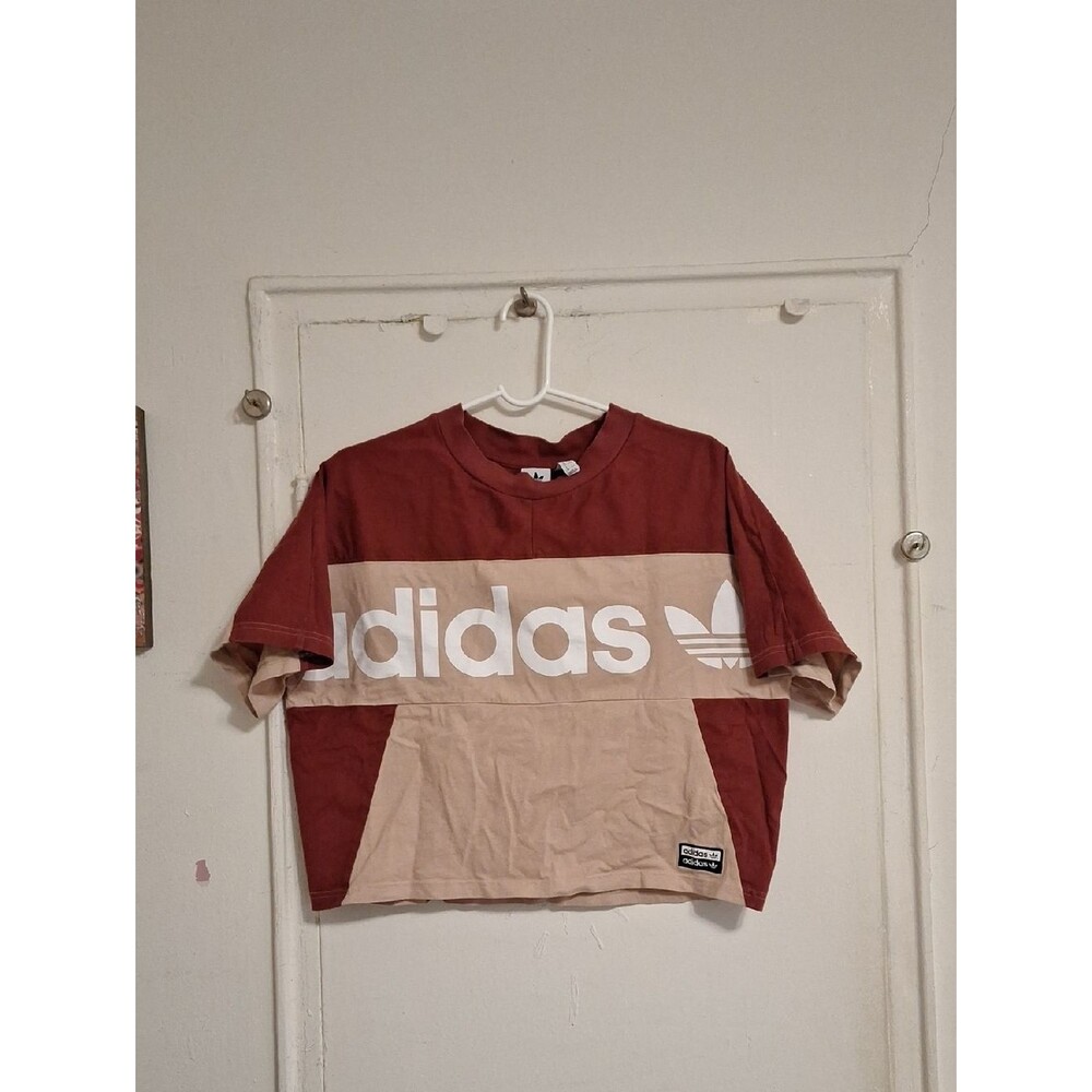 adidas Colorblock Cropped Logo Tee - Burgundy & Beige